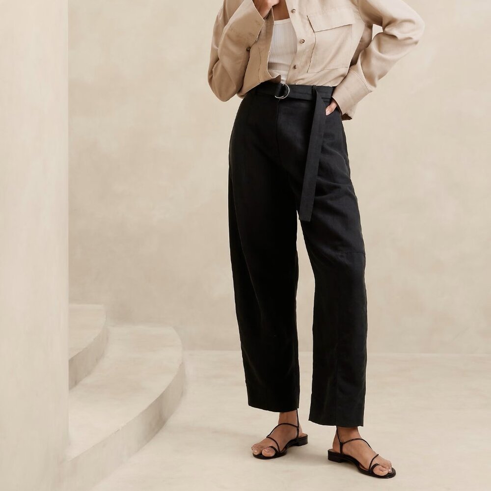 NWT! Banana Republic Black Linen-Tencel Barrel Leg Ankle Trouser Pants 2P